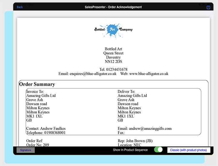 SalesPresenter Order Acknowledgement